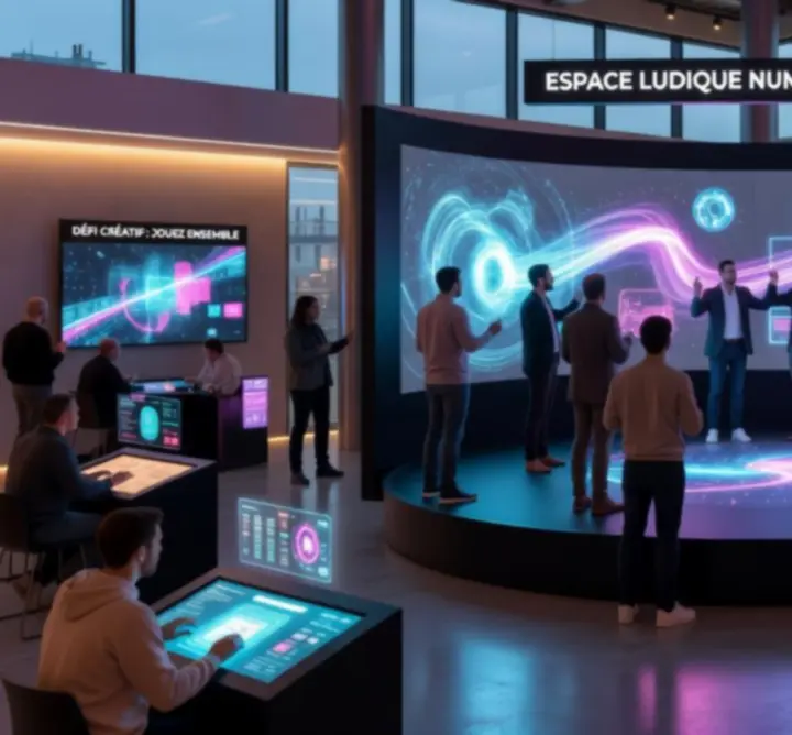 Participants à un jeu interactif dans un décor moderne et lumineux.